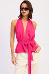 Vibrant fuchsia Emory Park halter backless satin top with peplum