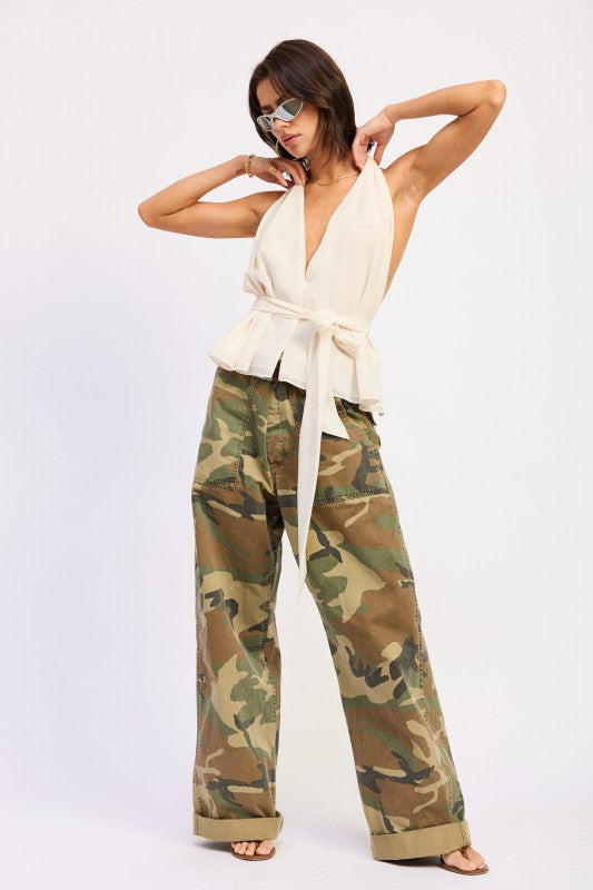 Cream Emory Park halter backless scarf top with tied waistband and deep v-neckline