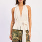 Emory Park white halter backless scarf top with deep v-neck and belt tie