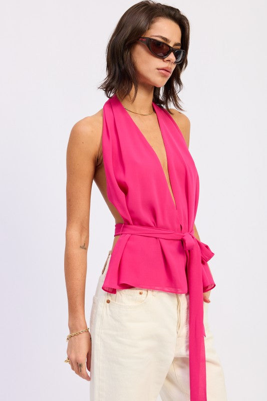 Vibrant fuchsia Emory Park halter backless scarf top with v-back peplum bow