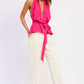 Vibrant fuchsia Emory Park halter backless scarf top with ruffled peplum and tied belt