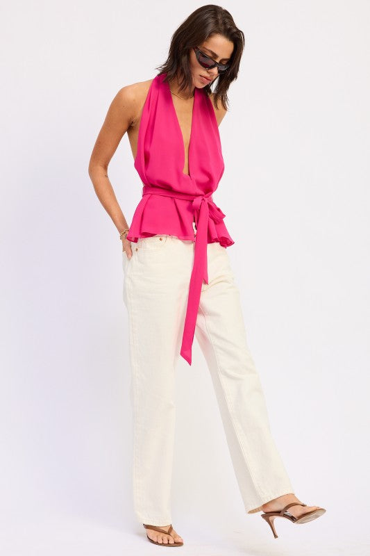 Vibrant fuchsia Emory Park halter backless scarf top with ruffled peplum and tied belt