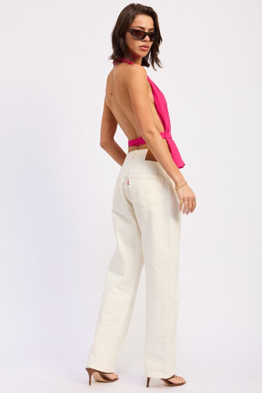 Emory Park vibrant pink halter backless scarf top with white trousers