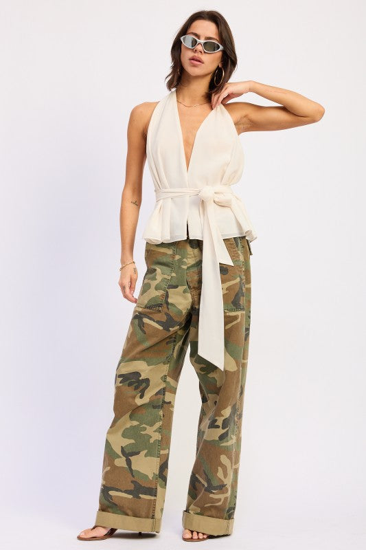 Emory Park white halter backless scarf top with deep v-cut and tied waistband