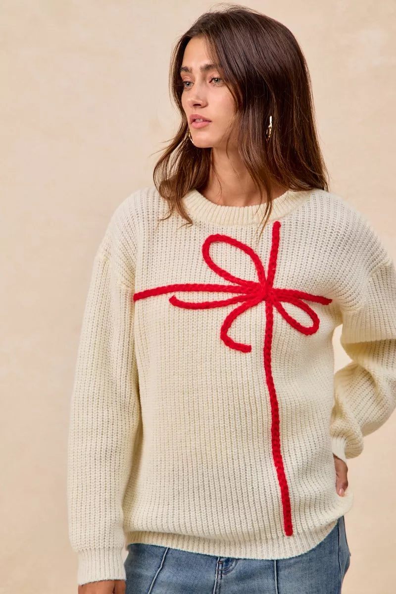 BiBi Christmas Ribbon Bow Embroidery Sweater | Sweaters Daverri Fashions