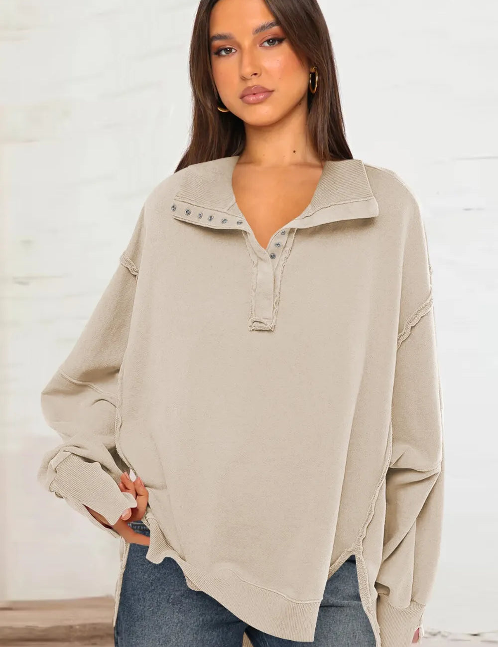 Cream Exposed Seam Side Slit Long Sleeve Sweatshirt | Sweatshirts Daverri Fashions