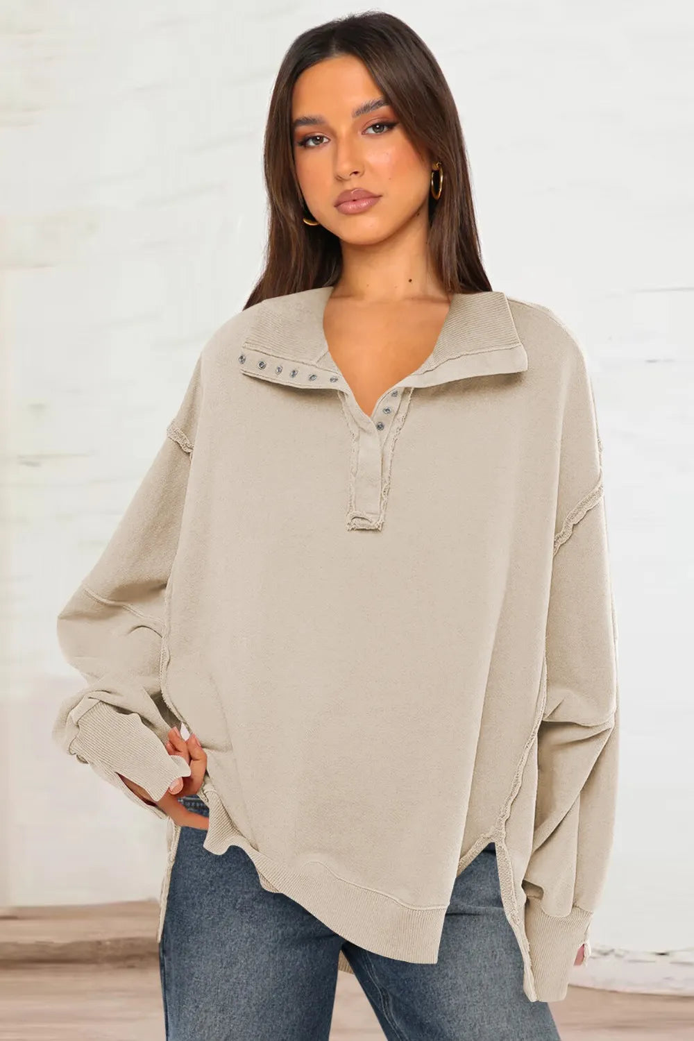 Cream Exposed Seam Side Slit Long Sleeve Sweatshirt | Sweatshirts Daverri Fashions