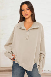 Cream Exposed Seam Side Slit Long Sleeve Sweatshirt | Sweatshirts Daverri Fashions