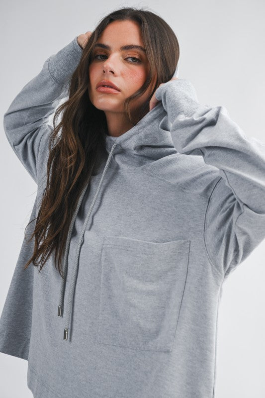 Relaxed pocket hoodie pullover top in soft heather gray