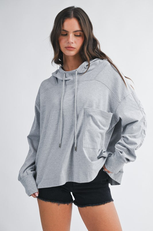 Relaxed pocket hoodie pullover top in soft heather gray