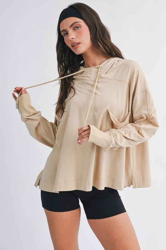 Beige oversized relaxed pocket hoodie pullover with long sleeves and drawstring hood