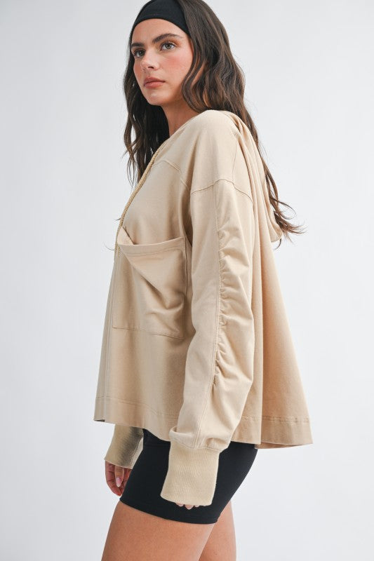 Beige oversized Relaxed Pocket Hoodie with ruched sleeves