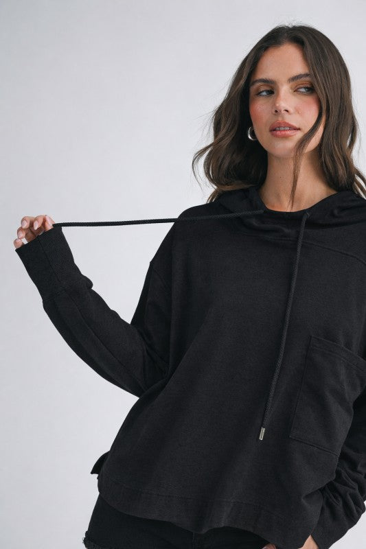 Black oversized relaxed pocket hoodie pullover top