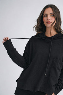 Black oversized relaxed pocket hoodie pullover top