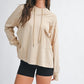 Beige oversized relaxed pocket hoodie pullover top with drawstring hood