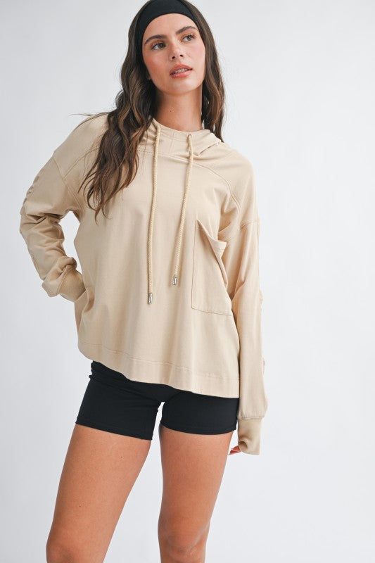 Beige oversized relaxed pocket hoodie pullover top with drawstring hood