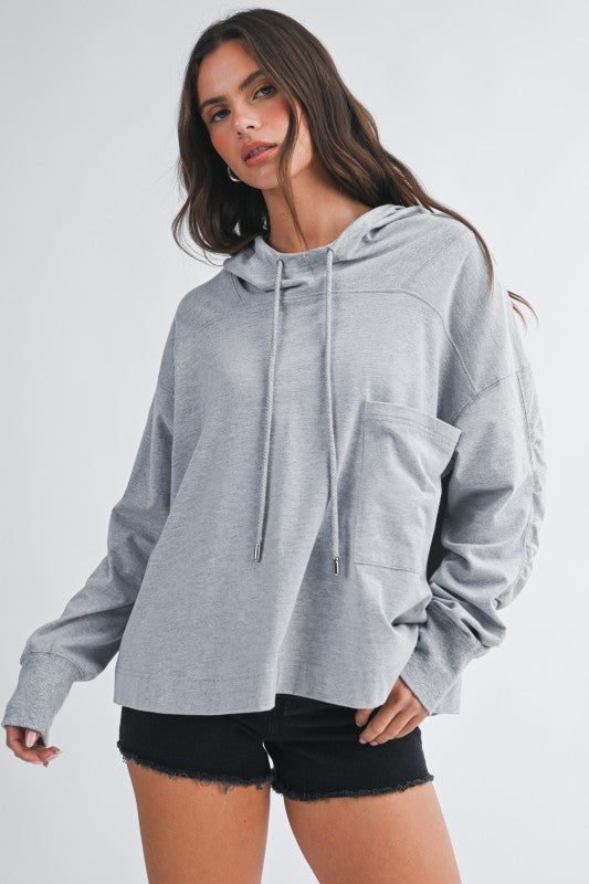 Soft heather gray oversized Relaxed Pocket Hoodie Pullover Top with drawstring hood and front pocket