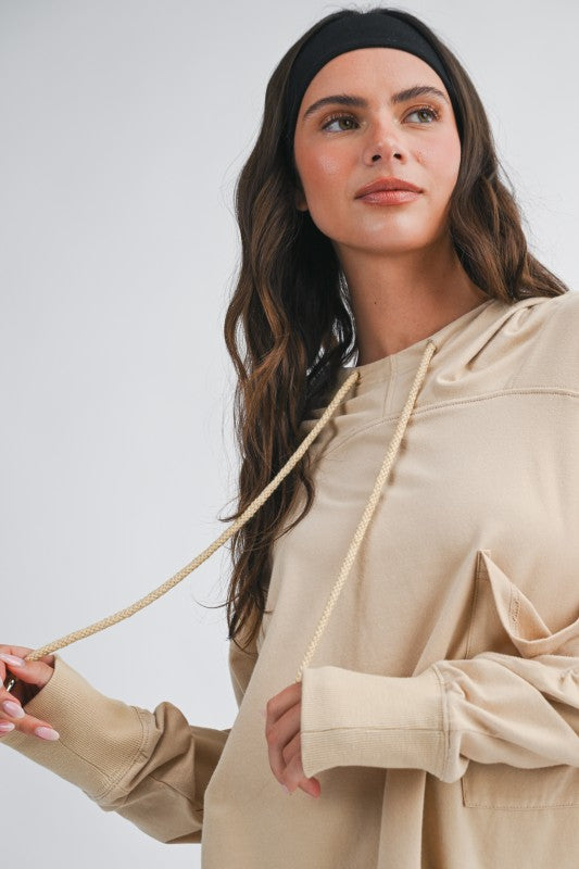 Beige oversized relaxed pocket hoodie pullover with drawstring hood