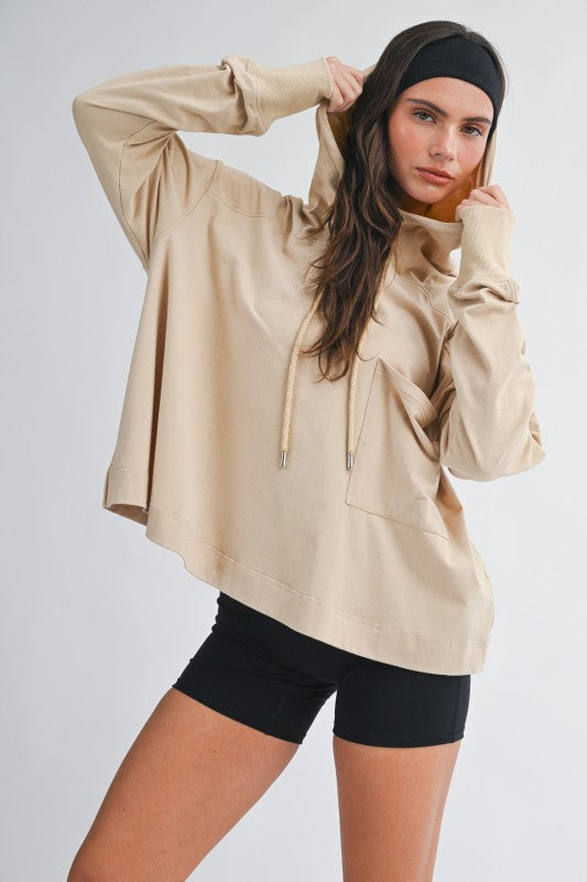 Beige oversized relaxed pocket hoodie pullover top with drawstring hood