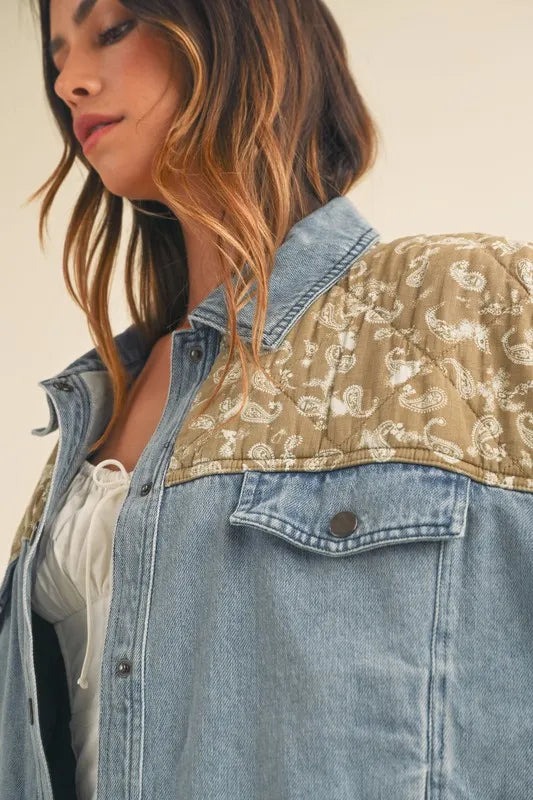 MABLE Quilted Paisley Print Contrast Denim Jacket
