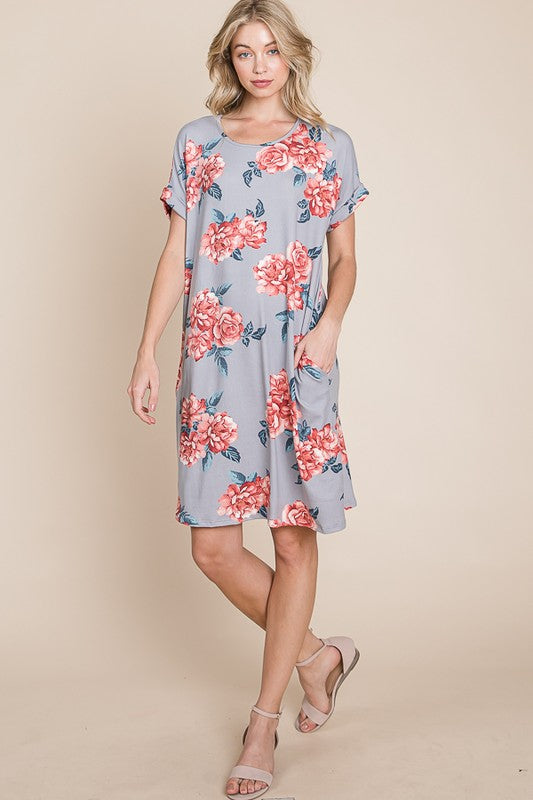 BOMBOM Floral Round Neck Short Tee Dress with Pockets