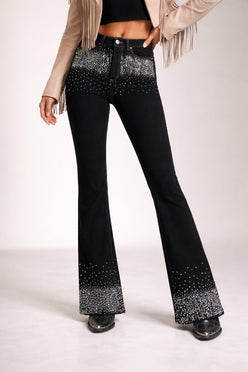 High waisted rhinestone boot cut black denim jeans with silver gradient