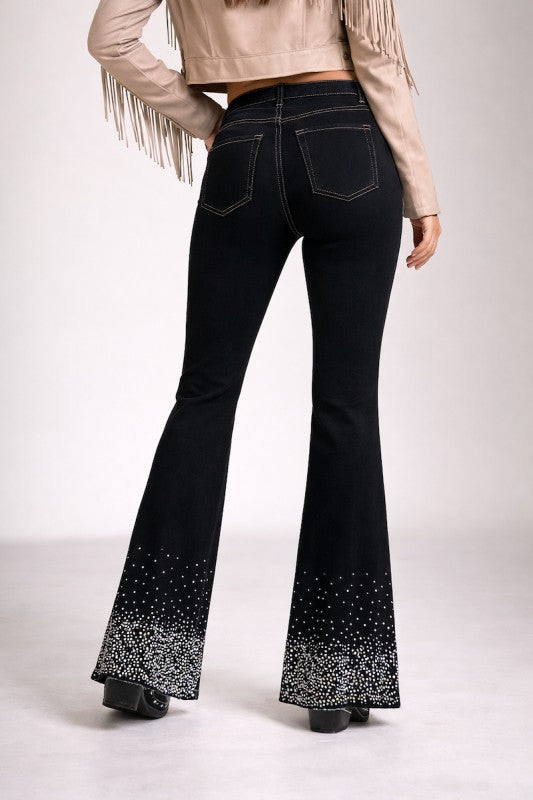 High waisted black denim boot cut jeans with silver rhinestone gradient on legs
