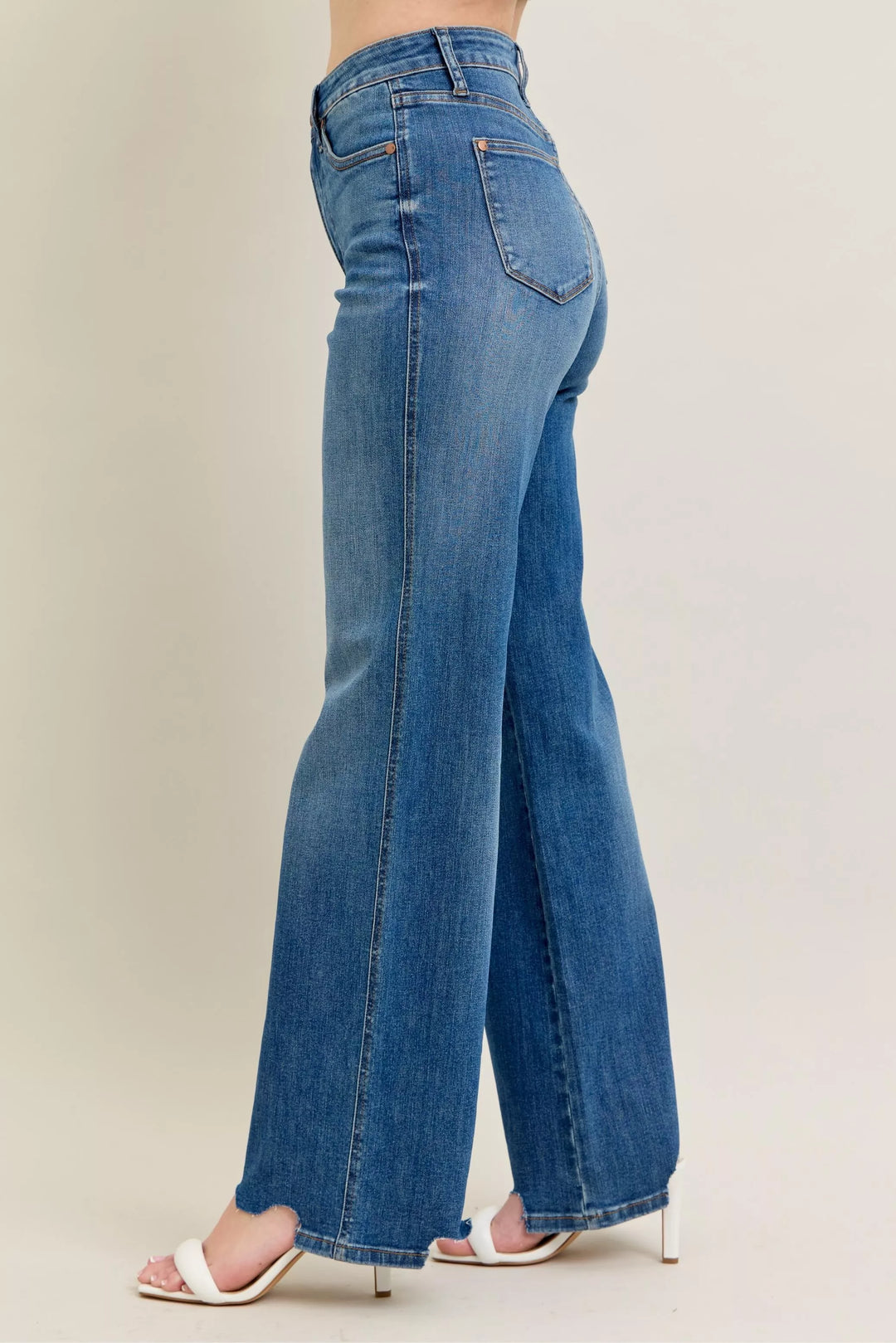 Judy Blue Full Size High Waist Tummy Control Chew Hem Destroy Wide Jeans Plus Size | Jeans Daverri Fashions