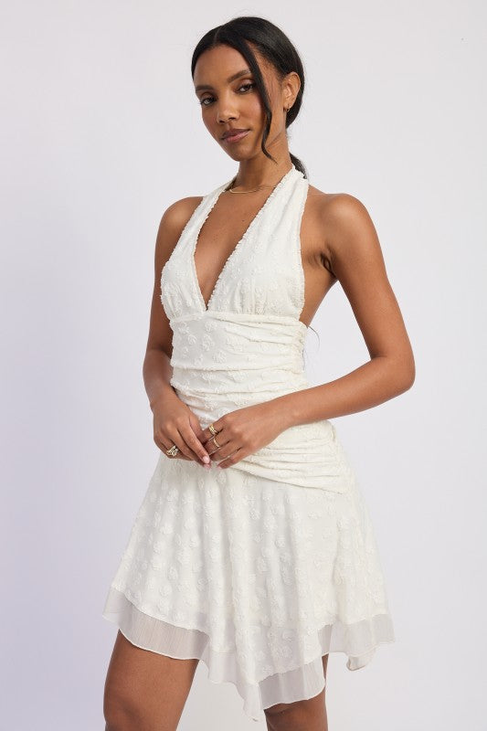 Emory Park halter asymmetrical printed dress with white ruched bodice and lace