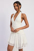 Emory Park halter asymmetrical printed dress with white ruched bodice and lace