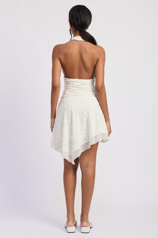 Emory Park white halter asymmetrical printed mini dress with ruched waist
