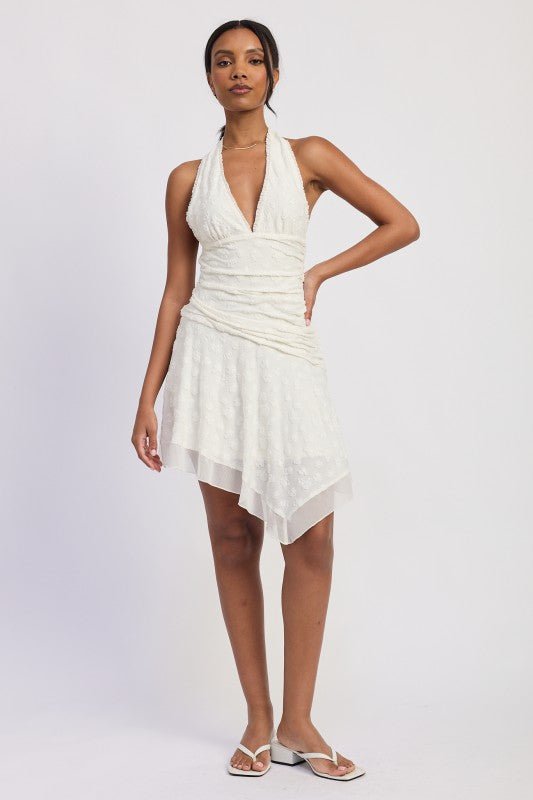 Emory Park white halter asymmetrical printed dress with ruched bodice