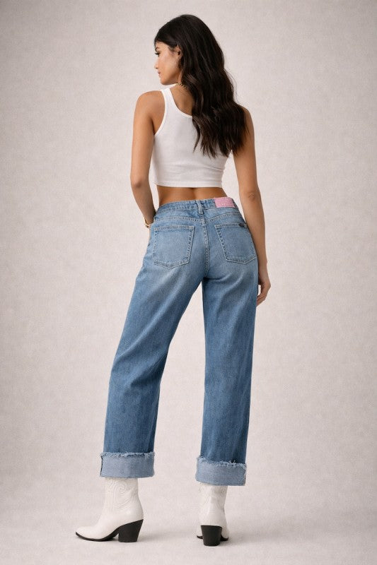 Junior low rise vinyl croc panels cuffed straight light-wash jeans