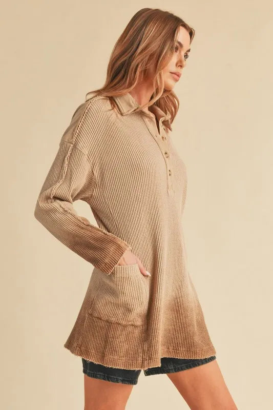 Aemi+Co Waffle-Knit Frayed Hem Button Detail Top