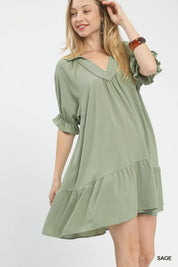 Sage-colored Umgee tiered puff sleeve babydoll dress