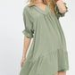Sage-colored Umgee tiered puff sleeve babydoll dress