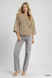 Umgee Textured Knit V-Neck Top Taupe | Knit Tops Daverri Fashions