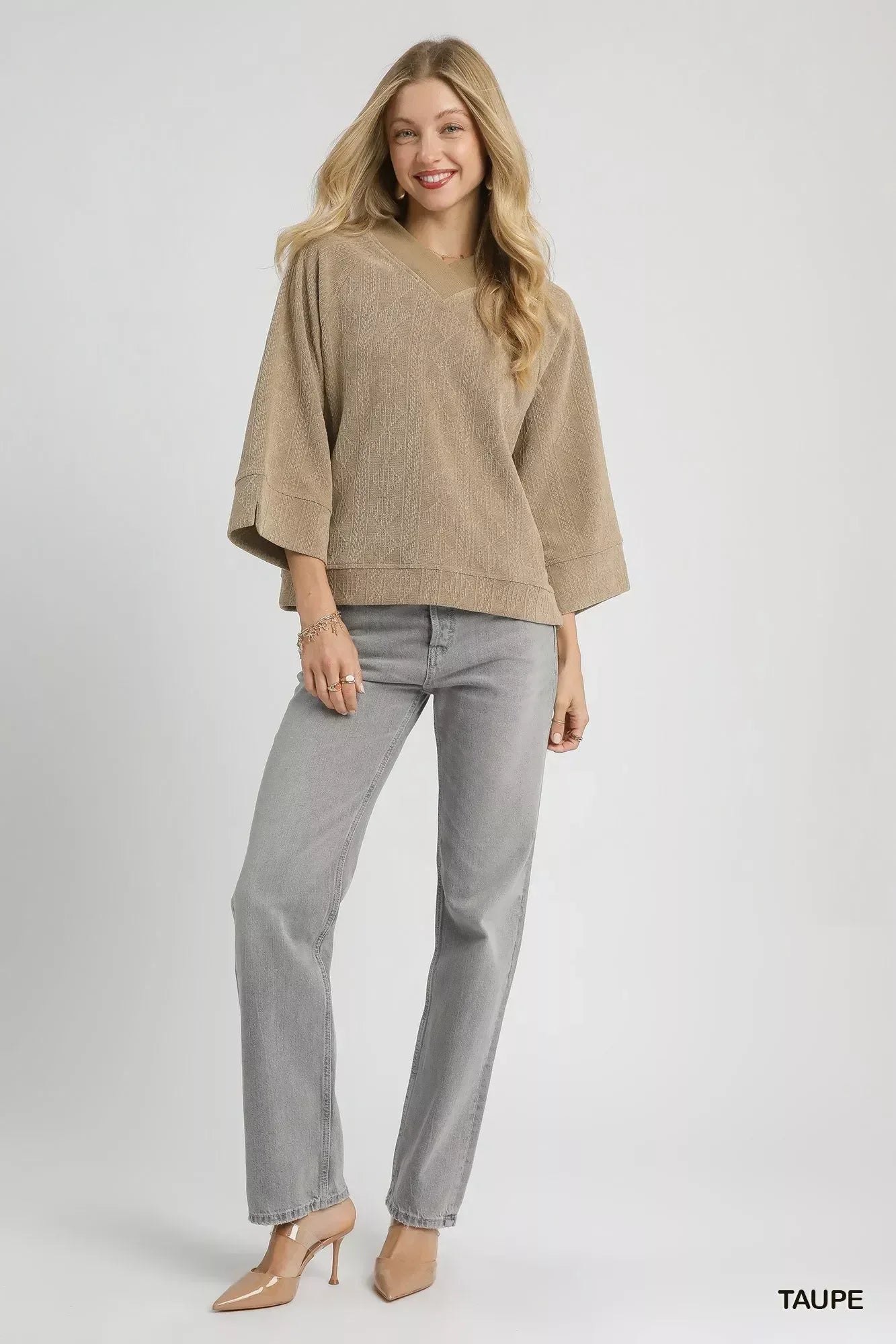 Umgee Textured Knit V-Neck Top Taupe - DAVERRI FASHIONS