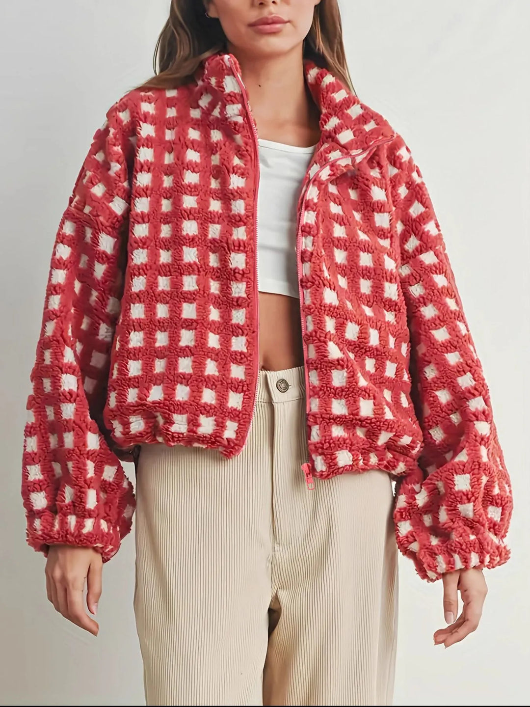 Red Fleece Checkered Puff Sleeve Bomber Jacket | Jackets Daverri Fashions