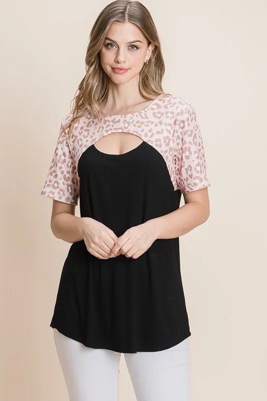 BOMBOM Chic Leopard Contrast Cutout Top AS SHOWN