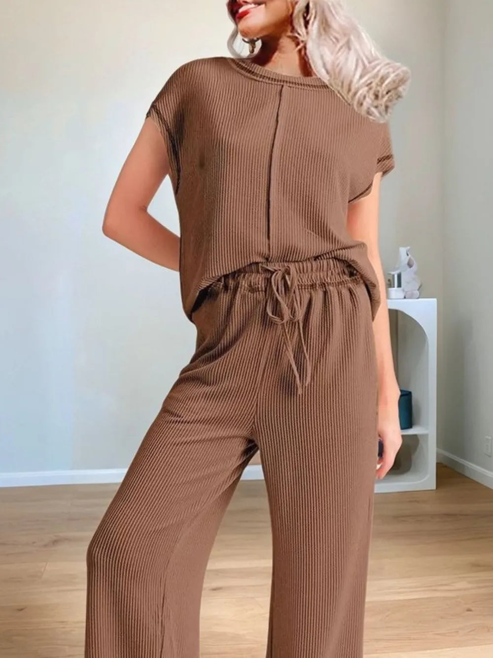 Ribbed Exposed Seam Top and Pants Set | Loungewear Sets Daverri Fashions