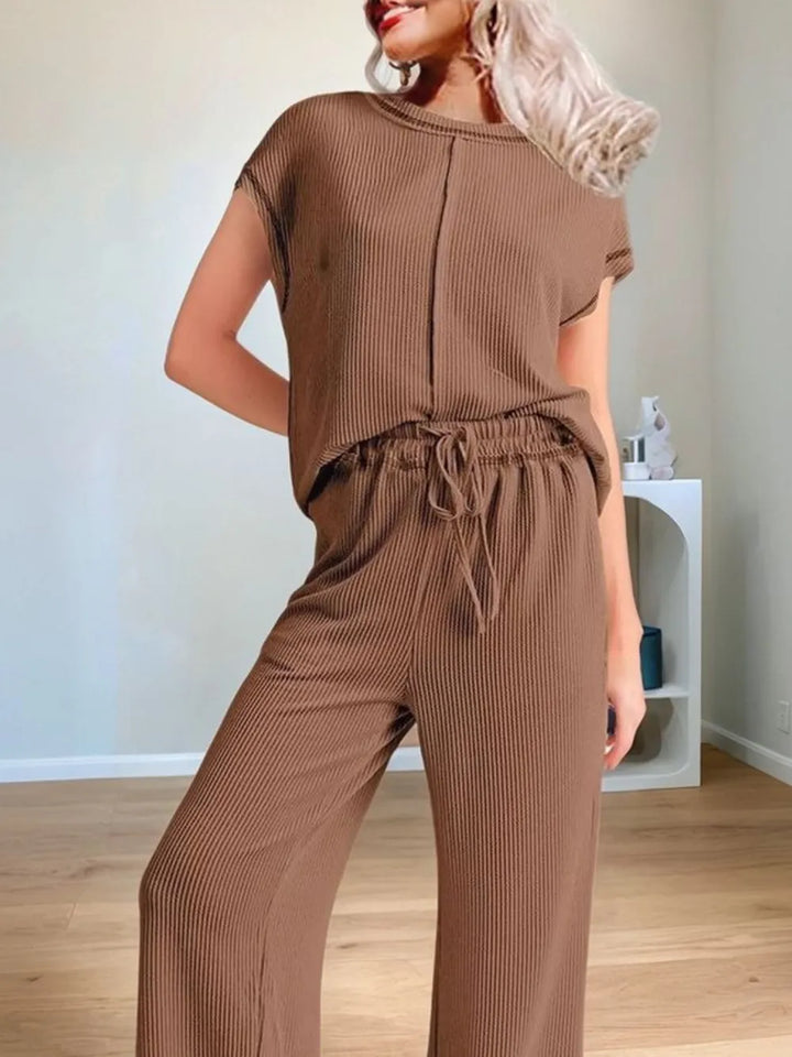 Ribbed Exposed Seam Top and Pants Set | Loungewear Sets Daverri Fashions