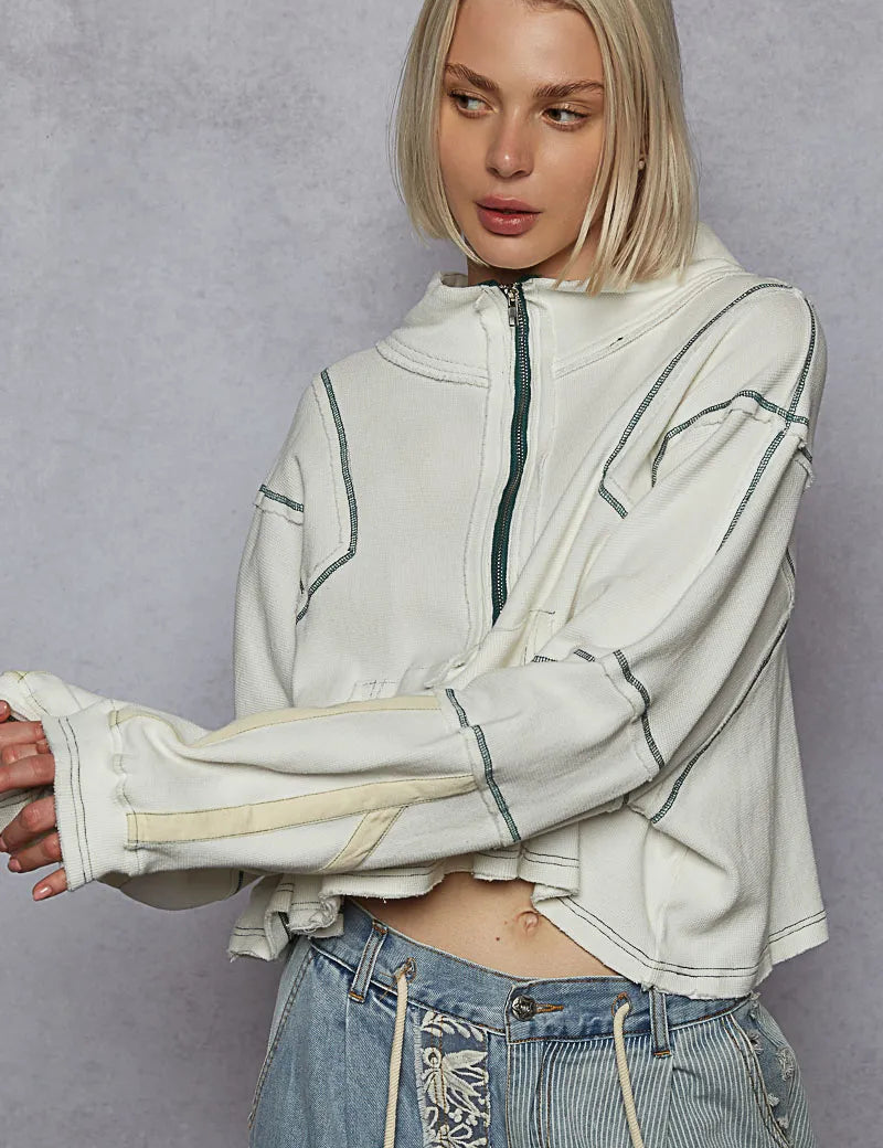 White POL Contrast Stitching Zip Front Sweatshirt | Daverri Fashions