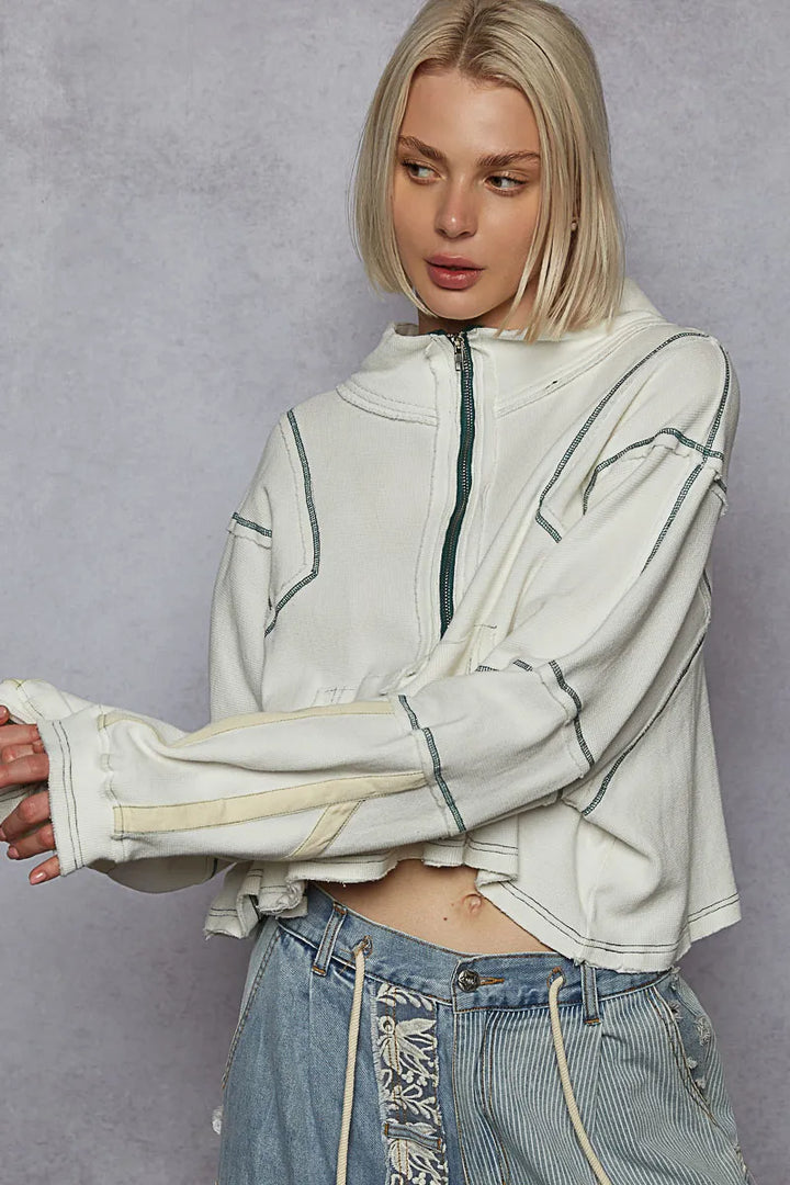 POL Contrast Stitching Zip Front Sweatshirt White