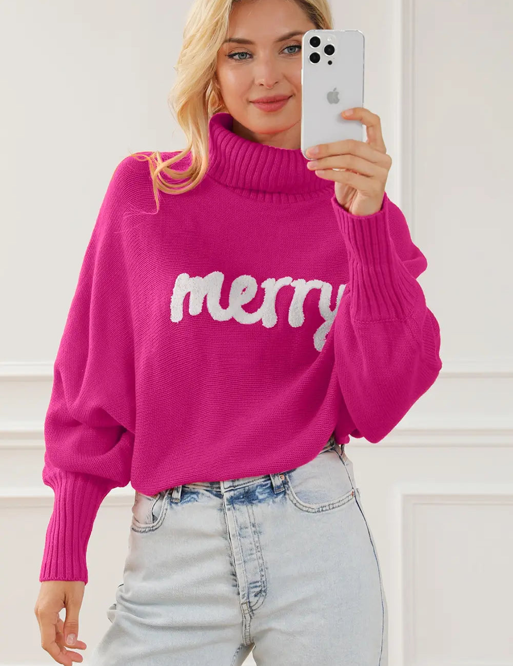 Merry Letter Embroidered High Neck Sweater | Sweaters Daverri Fashions