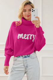 Merry Letter Embroidered High Neck Sweater | Sweaters Daverri Fashions
