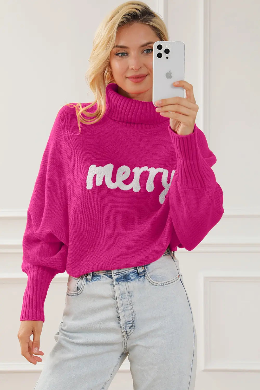 Merry Letter Embroidered High Neck Sweater | Sweaters Daverri Fashions