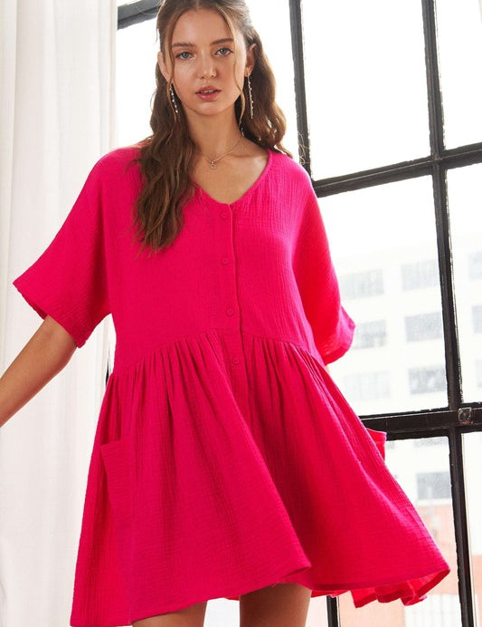 ADORA V-Neck Half Sleeve Dress with Pockets Hot Pink