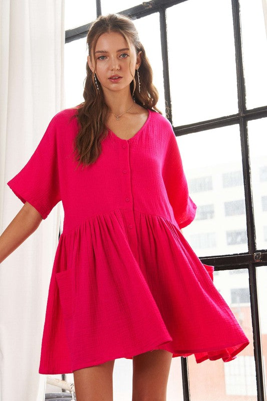 ADORA V-Neck Half Sleeve Dress with Pockets Hot Pink