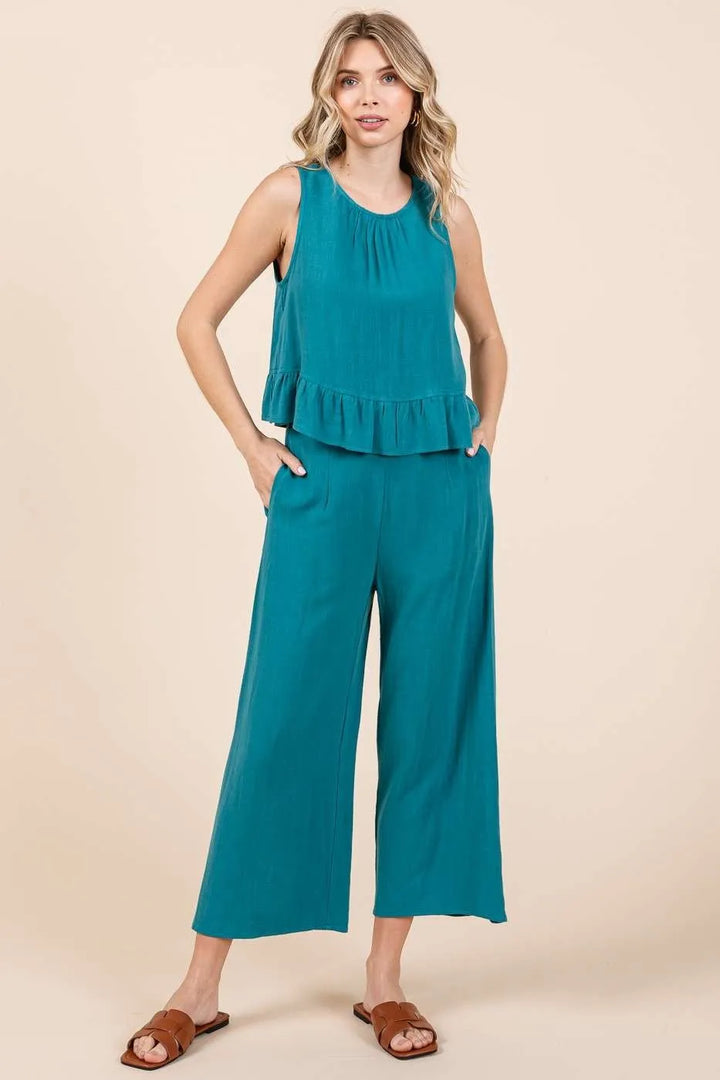 Mittoshop Linen Ruffle Tank Top and Pants Set TEAL Outfit Sets